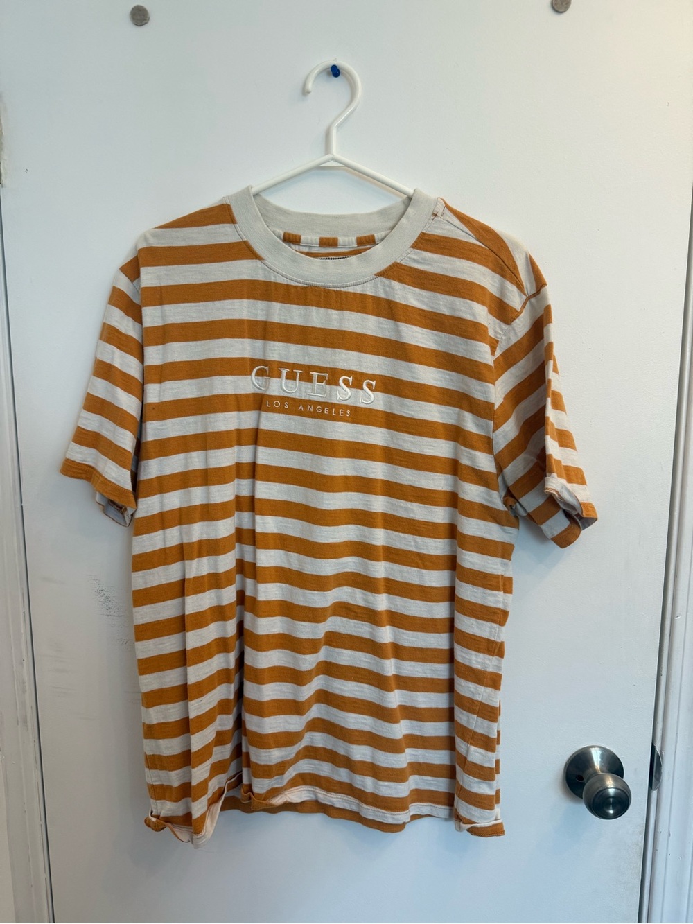 GUESS Striped Short-Sleeve Tee in Tan & White